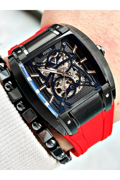 Fiesta Kırmızı Renk Spor Silikon Kare Çelik Kasa Otomatik Business Erkek Kol Saati + BİLEKLİK ürün görseli 1