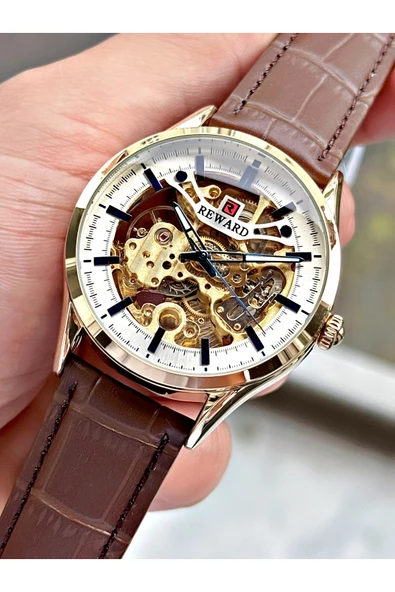 Reward Kahverengi Deri Kordon Otomatik Business Erkek Kol Saati + BİLEKLİK HEDİYELİ - Resim 6