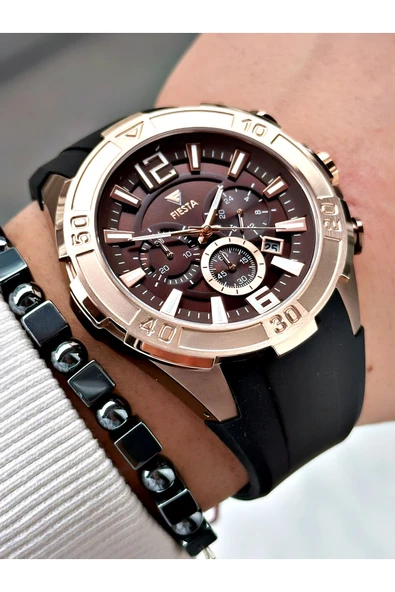 Fiesta Siyah Renk Spor Silikon Çelik Kasa Erkek Kol Saati + BİLEKLİK - Resim 4