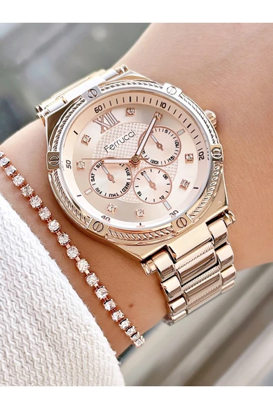 Ferrucci Rose Gold Renk Büyük Kasa Roma Rakamlı Kadın Kol Saati + Bileklik Hediyeli - Resim 4