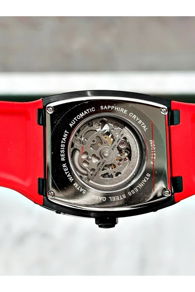 Fiesta Kırmızı Renk Spor Silikon Kare Çelik Kasa Otomatik Business Erkek Kol Saati + BİLEKLİK - Resim 5