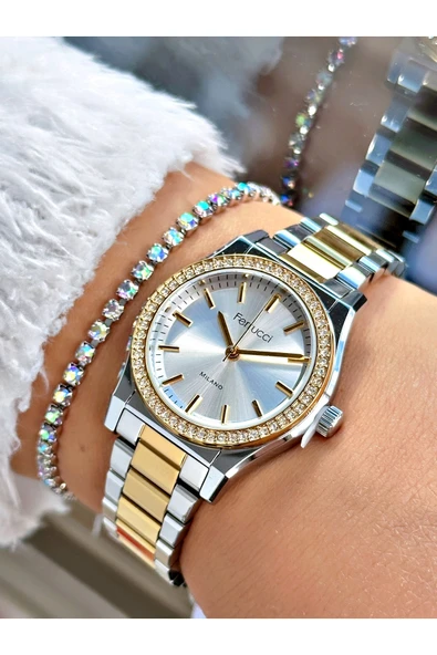 Ferrucci Altın Renk Taşlı Model Şık Dizayn  Kadın Kol Saati + BİLEKLİK ürün görseli 1
