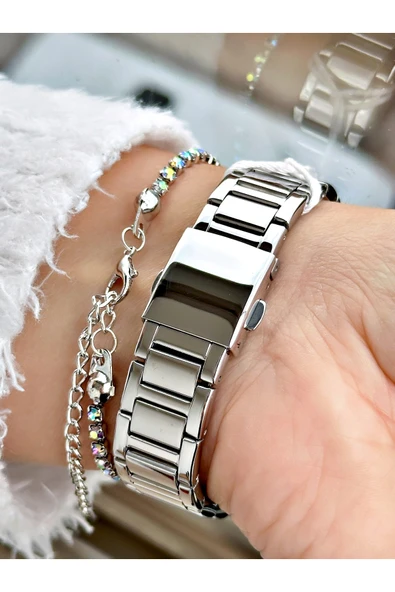 Ferrucci Gümüş Renk Kare Taşlı Model Çelik Kordon Kadın Kol Saati + BİLEKLİK - Resim 3