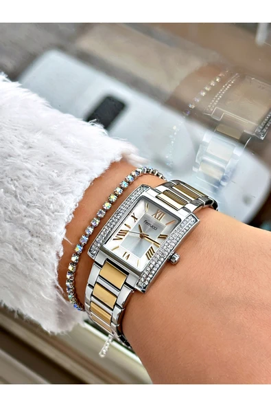 Ferrucci Altın Renk Kare Taşlı Model Çelik Kordon Kadın Kol Saati + BİLEKLİK - Resim 2