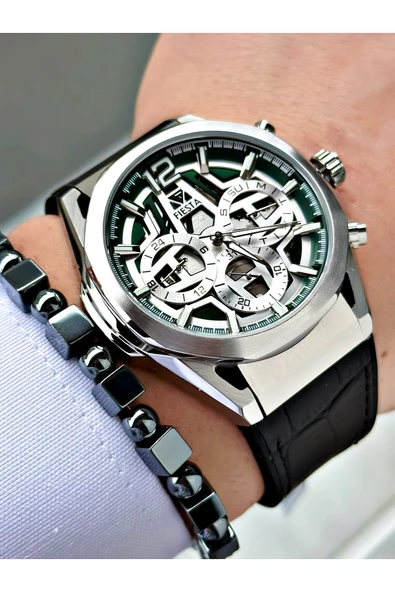 Fiesta Siyah Renk Fonksiyonlu Çelik Kasa Spor Deri Silikon Erkek Kol Saati + BİLEKLİK - Resim 3