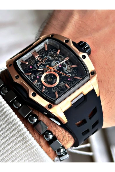 Reward Siyah Renk Çelik Kasa Otomatik Spor Silikon Business Erkek Kol Saati + BİLEKLİK ürün görseli 1