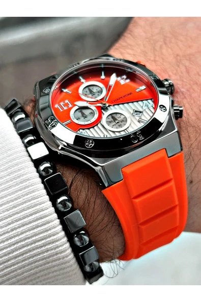 Chaperone Turuncu Renk Spor Silikon Fonksiyonlar Aktif Garantili Erkek Kol Saati + BİLEKLİK By REWARD - Resim 4