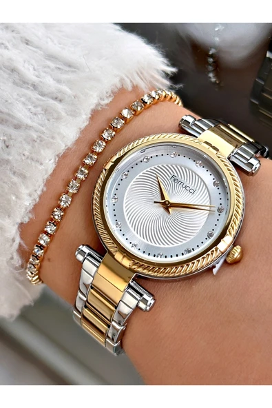 Ferrucci Altın-Gümüş Renk Çelik Kordon Şık Tasarım Taşlı Kasa Kadın Kol Saati + Bileklik Hediyeli ürün görseli 1