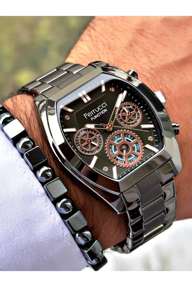 Ferrucci Füme Renk Fonksiyonlar Aktif Kare Model Klasik Erkek Kol Saati + BİLEKLİK - Resim 3