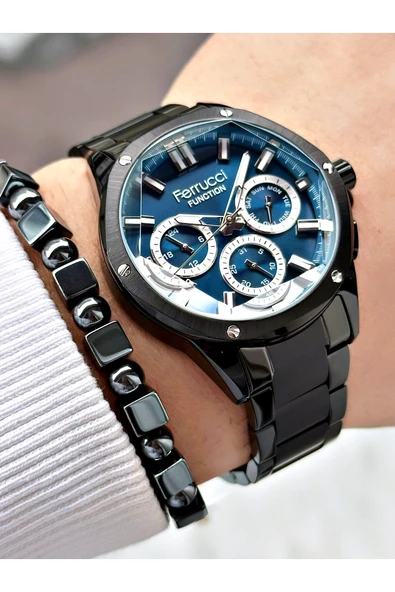 Ferrucci Siyah Renk Lacivert Kadran Çelik Kordon Erkek Kol Saati + Hematit Doğaltaş Bileklik Hediyeli - Resim 3