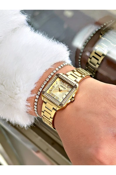 Ferrucci Altın Renk Kare Model Taşlı Çelik Kordon Kadın Kol Saati + BİLEKLİK HEDİYELİ - Resim 2