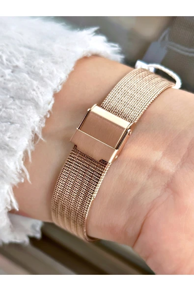 Chaperone Rose Gold Renk Şık Dizayn Hasır Kordon Kadın Kol Saati + Bileklik Hediyeli - Resim 3
