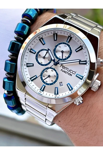 Ferrucci Gümüş Renk Silver Kadran Fonsiyonlar Aktif Çelik Kordon Erkek Kol Saati + Bileklik - Resim 2