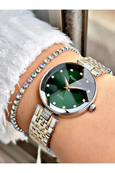 Ferrucci Altın Gümüş Renk Kesme Cam Kristal Model Şık Model Kadın Kol Saati + BİLEKLİK HEDİYELİ ürün görseli 1