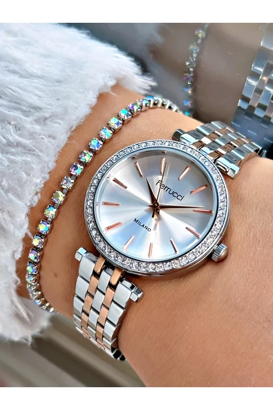 Ferrucci Rose Gold Gümüş Renk Taşlı Klasik Model  Çelik Kordon Kadın Kol Saati + BİLEKLİK ürün görseli 1