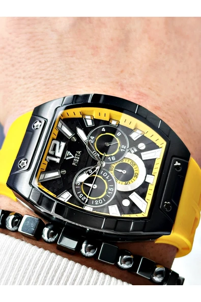 Fiesta Sarı Renk Silikon Fonksiyonlu Çelik Kasa Business Erkek Kol Saati + BİLEKLİK - Resim 3