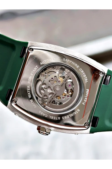 Fiesta Yeşil Renk Spor Silikon Kare Çelik Kasa Otomatik Business Erkek Kol Saati + BİLEKLİK - Resim 5