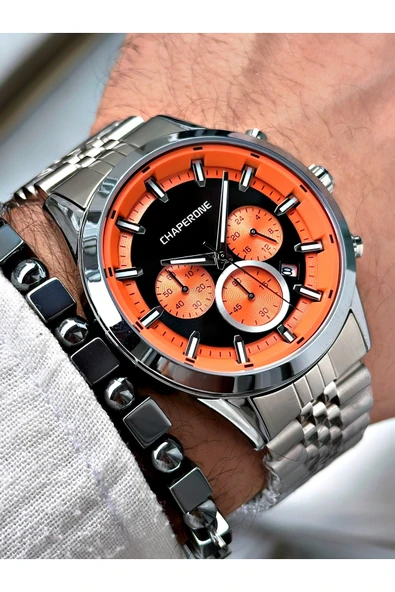 Chaperone Gümüş Renk  Çelik Kordon Fonksiyonlu Erkek Kol Saati + BİLEKLİK HEDİYELİ By Reward - Resim 3