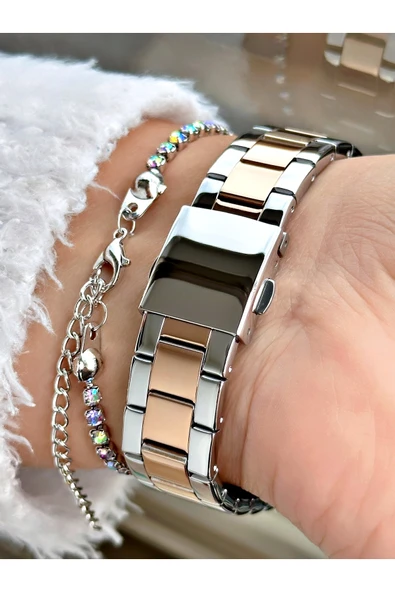 Ferrucci Rose Gümüş Renk Çelik Kordon Yıldız Model Kadın Kol Saati + BİLEKLİK - Resim 3