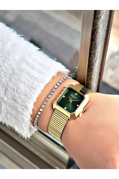 Ferrucci Altın Renk Kare Model Hasır Kordon Kadın Kol Saati + BİLEKLİK - Resim 2