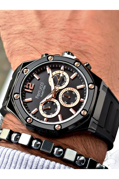 Ferrucci Siyah Renk Silikon Spor  Erkek Kol Saati + BİLEKLİK HEDİYELİ ürün görseli 1
