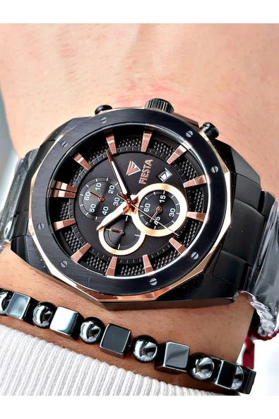 Fiesta Siyah Renk Çelik Elite Mekanizma Garantili Fonksiyonlu Erkek Kol Saati + BİLEKLİK ürün görseli 1