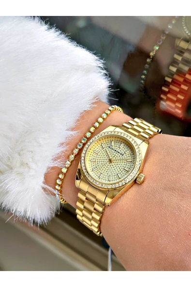 Navimarine Altın Renk Çelik Kordon Kadın Kol Saati + Bileklik Hediyeli - Resim 3