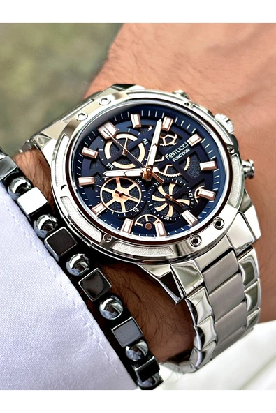 Ferrucci Gümüş Renk Fonksiyonlar Aktif Spor Çelik Kordon Erkek Kol Saati + BİLEKLİK - Resim 3