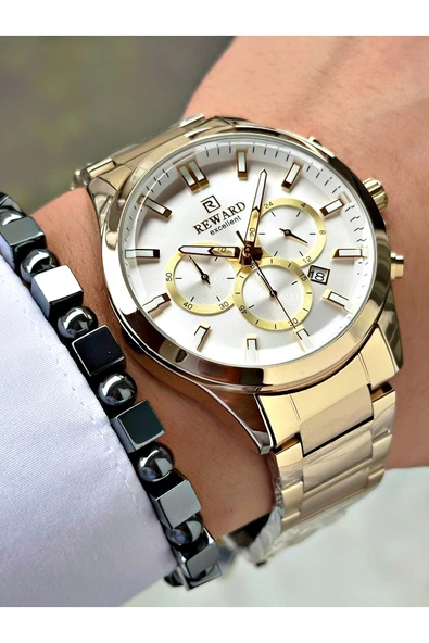 Reward Altın Renk Klasik Çelik Kordon 2 Yıl Garantili Erkek Kol Saati + BİLEKLİK ürün görseli 1