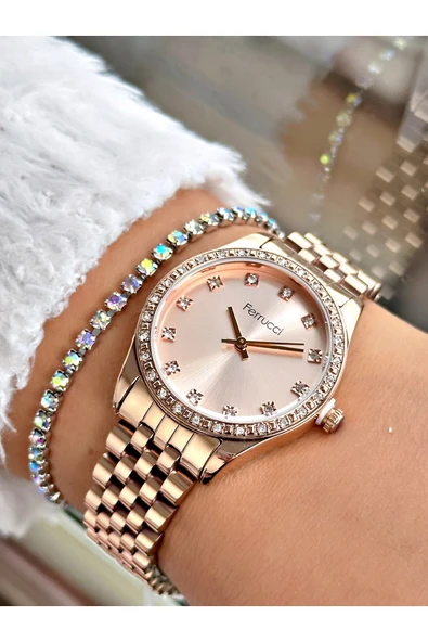Ferrucci Rose Gold Renk Taşlı Model Şık Tasarım Garantili Çelik Kordon Kadın Kol Saati + BİLEKLİK ürün görseli 1