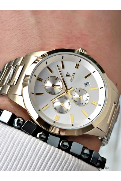 Fiesta Altın Renk Fonksiyonlar Aktif Elite Çelik Erkek Kol Saati + BİLEKLİK ürün görseli 1