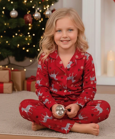 Kız Çocuk Yılbaşı Yeniyıl Temalı Pazen Pijama Takımı KAPI-8255 - Resim 2