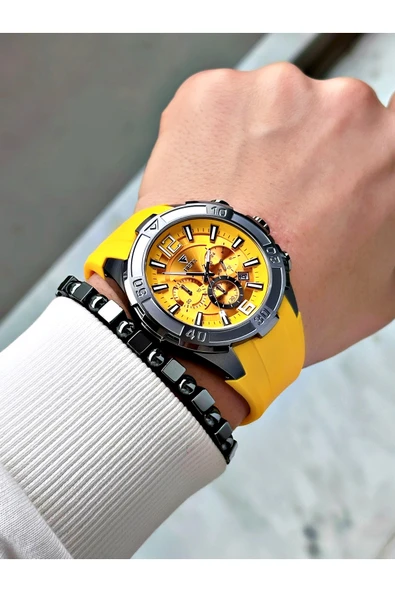 Fiesta Sarı Renk Spor Silikon Çelik Kasa Erkek Kol Saati + BİLEKLİK - Resim 3