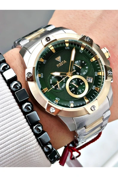 Fiesta Altın Gümüş Renk Fonksiyonlu Çelik Makine Garantili Erkek Kol Saati + BİLEKLİK - Resim 3