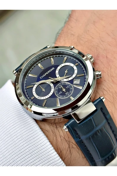 Chaperone Lacivert Renk Deri Kordon Fonksiyonlar Aktif Erkek Kol Saati + BİLEKLİK HEDİYELİ By Reward - Resim 4