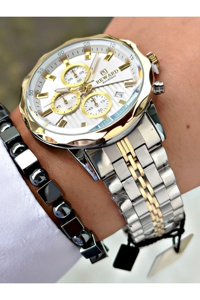 Reward Altın Gümüş Renk Fonksiyonlu Çelik Kordon Erkek Kol Saati + BİLEKLİK HEDİYELİ - Resim 3