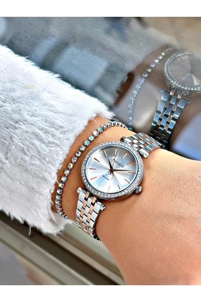Ferrucci Rose Gold Gümüş Renk Taşlı Klasik Model  Çelik Kordon Kadın Kol Saati + BİLEKLİK - Resim 2