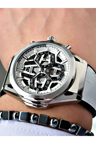 Fiesta Siyah Renk Fonksiyonlu Çelik Kasa Spor Deri Silikon Erkek Kol Saati + BİLEKLİK - Resim 3