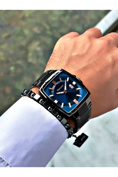 Ferrucci Füme Renk Kare Klasik Çelik Kordon Erkek Kol Saati + BİLEKLİK - Resim 3