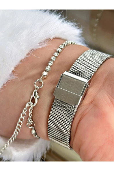 Ferrucci Gümüş Renk Sade Model Hasır Çelik Kordon Kadın Kol Saati + BİLEKLİK HEDİYELİ - Resim 4
