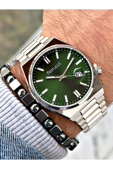 Ferrucci Gümüş Renk Klasik Takvimli Çelik Kordon Erkek Kol Saati + BİLEKLİK - Resim 3