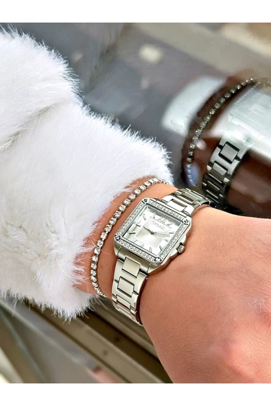 Ferrucci Gümüş Renk Kare Model Taşlı Çelik Kordon Kadın Kol Saati + BİLEKLİK HEDİYELİ - Resim 2
