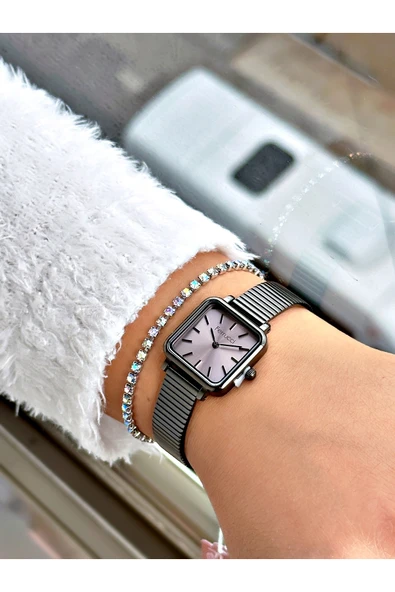 Ferrucci Siyah Renk Minimalist Kare Model Hasır Kadın Kol Saati + BİLEKLİK - Resim 2