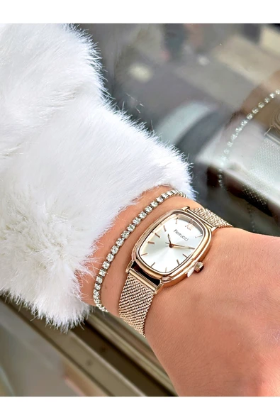 Ferrucci Rose Gold Renk Hasır Çelik Kordon Şık Dizayn Kadın Kol Saati + BİLEKLİK HEDİYELİ - Resim 2