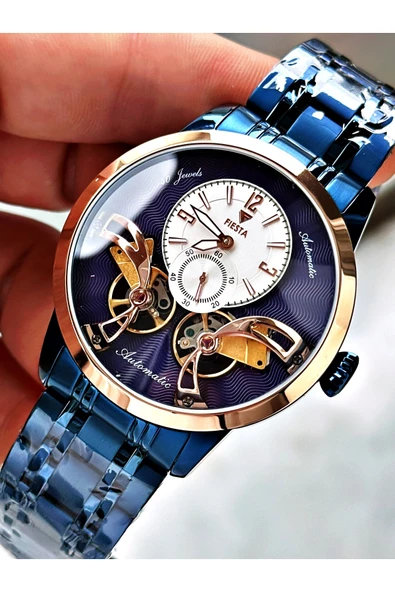 Fiesta Lacivert Renk Çift Türbünlü Otomatik Business Erkek Kol Saati + BİLEKLİK - Resim 5