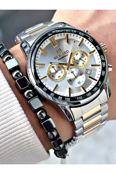 Reward Altın Gümüş Renk Fonksiyonlar Aktif Aynalı Cam Erkek Kol Saati + BİLEKLİK HEDİYELİ - Resim 3