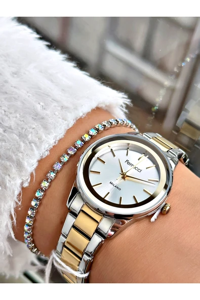 Ferrucci Silver Altın Renk Aynalı Cam Model  Klasik Kadın Kol Saati + BİLEKLİK ürün görseli 1