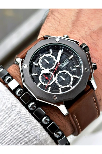 Ferrucci Kahverengi Deri Kordon Fonksiyonlu Şık Dizayn Erkek Kol Saati + BİLEKLİK HEDİYELİ - Resim 3