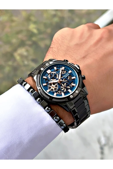 Ferrucci Siyah Renk Fonksiyonlar Aktif Spor Çelik Kordon Erkek Kol Saati + BİLEKLİK - Resim 2