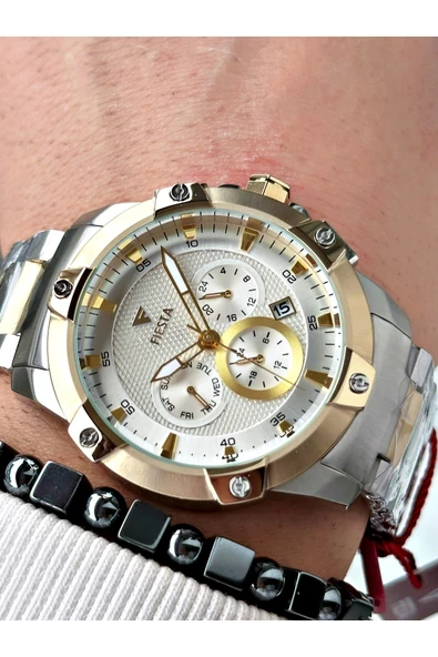 Fiesta Altın Gümüş Renk Fonksiyonlu Çelik Makine Garantili Erkek Kol Saati + BİLEKLİK ürün görseli 1